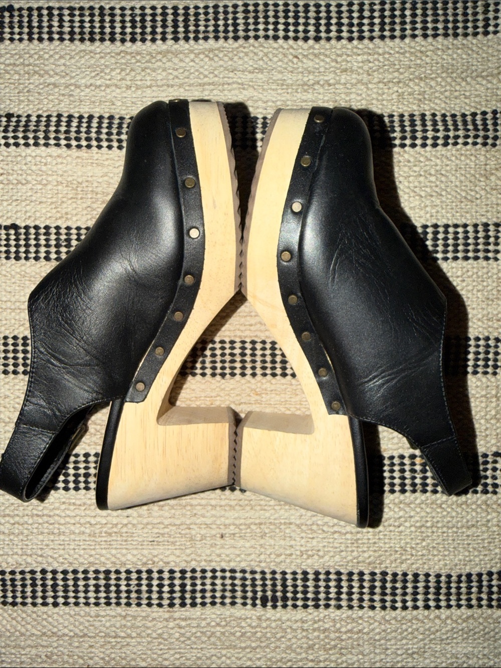 LOFT Black Leather Slingback Clogs with Studded Wooden Sole - Picture 6 of 7